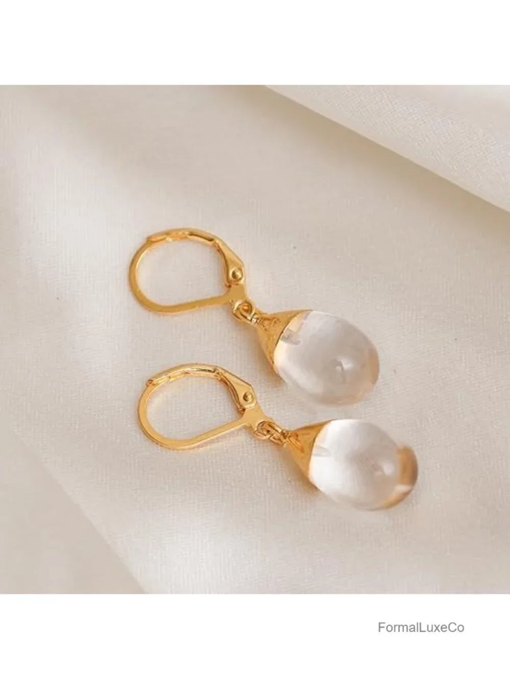 Handmade Natural Clear Quartz Dangle Leverback Earrings, 14k Gold Plated, Boho